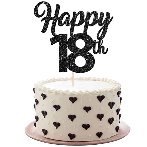 3Pcs Happy 18th Cake Toppers Black Glitter Number 18 Cake Decorations Eighteen Birthday Cake Pick Decorations for Cheers to 18 Years Old 18th Birthday Wedding Anniversary Party Supplies