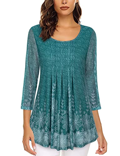 Timeson Women's Tunic Tops For Leggings,Maternity Tunics Tops Loose Fit Womens 3/4 Sleeve Tops Fall Sheer Flowy Shirts Business Casual Ladies Blouses And Tops Dressy Fancy Cyan Floral Xxl #TOP1