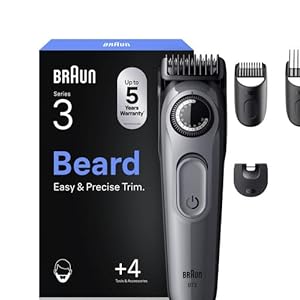 Braun Barttrimmer Series 3, Elektrischer Bartschneider Herren, 4 Zubehörteile, Ultrascharfe Klinge, 50 Min Akkulaufzeit, Kabelloser Bartrasierer, 40 Längen, BT3525, Grau