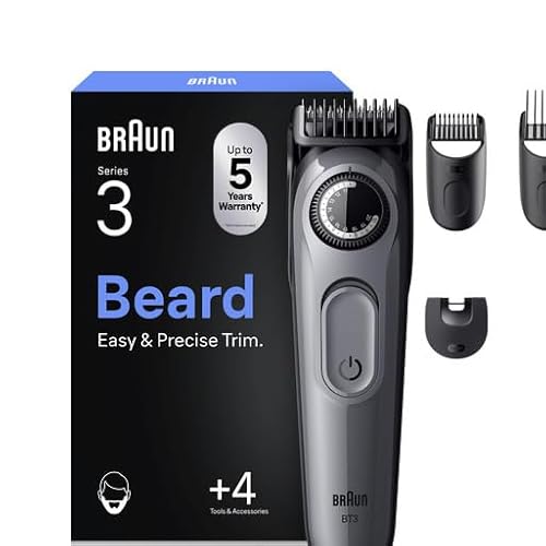 Braun Barttrimmer Series 3, Elektrischer Bartschneider Herren, 4 Zubehörteile, Ultrascharfe Klinge, 50 Min Akkulaufzeit, Kabelloser Bartrasierer, 40 Längen, BT3525, Grau