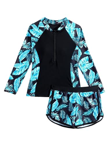 TiaoBug Big Girls UPF 50+ 2 Pieces Rash Guard Sets Floral Swim Shirts with Shorts Sporty Swimwear