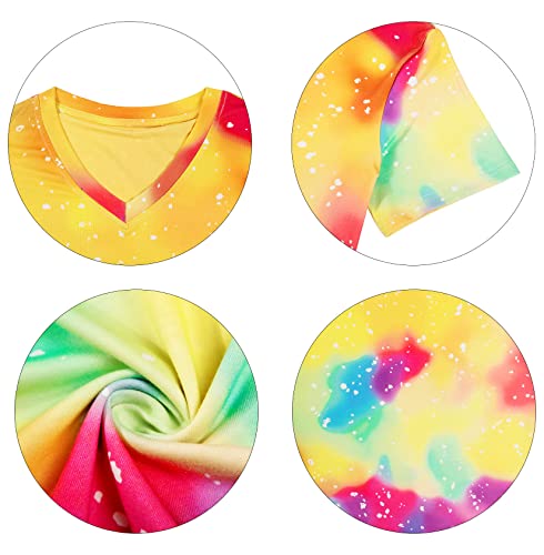 Women Tie Dye V-Neck Shirts Summer Vintage Tunic Tops Fashion Casual Swing Short Sleeve Shirts Blouse Soft Tee Yellow