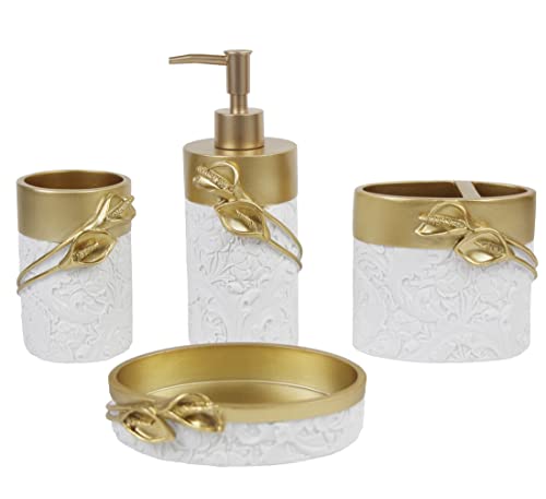 Hymmah Bathroom Accessories Set,Golden Design Toothbrush Holder,Farmhouse Bathroom Decor,4 Pcs Resin Gift Set Apartment Necessities, Contain Toothbrush Cup,Soap Dispenser,Soap Dish,Tumbler by Hymmah - Used condition - US$28.79
