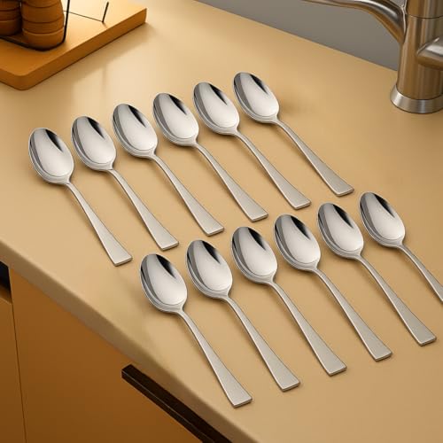 Image of 12 Stainless Steel Spoons Set, Dinner Spoon Length 16cm, Food Grade Silverware for Home & Kitchen- Mirror Polished, 12 Silver Spoons (12 pcs Stainless Spoon)