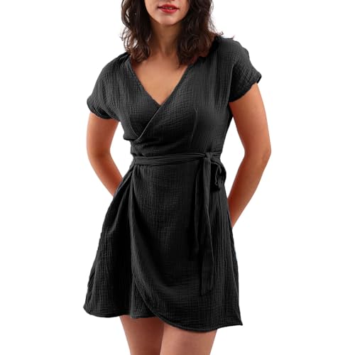 Image of Amazhiyu Women's Cotton Gauze Short Sleeve Wrap Mini Dress