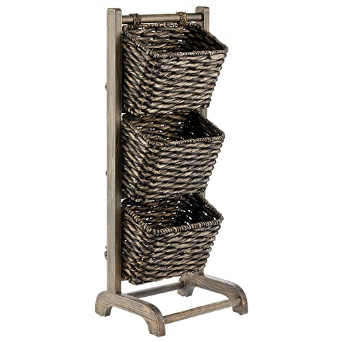 Mdesign Wood Tiered Storage Baskets Shelf Stand With 3 Decorative Storage Bins For Organizing Living Room, Laundry Room, Bedroom, Bathroom, Office - Hold Clothes, Blankets, Books - Black/Black Wash #TOP6