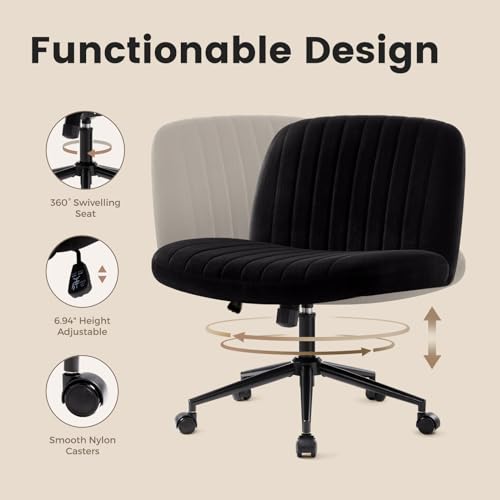 Image of IWMH Criss Cross Chair Cross Legged Office Chair with Wheels Armless Wide Seat Desk Chairs Height Adjustable Computer Task Chairs Swivel Vanity Chair for Home Office Bedroom Make Up Small Space Black