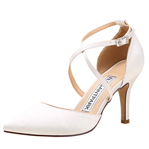 ELEGANTPARK HC1901 Wedding Shoes for Bride Closed Toe Heels for Women Sexy Pointed Toe Strappy Bridal Shoes High Heel Pumps Satin Evening Prom Dress Pumps Ivory US 6.5
