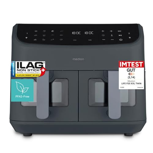 MEDION P20 XXL Heißluftfritteuse mit 2 Kammern (8,7 Liter, Airfryer, 2.600 Watt, Doppelkammer, 10 Automatikprogramme, 2 Schubladen, Sichtfenster, Dualer Airfryer, ILAG PFAS-frei, MD11760) matt grau