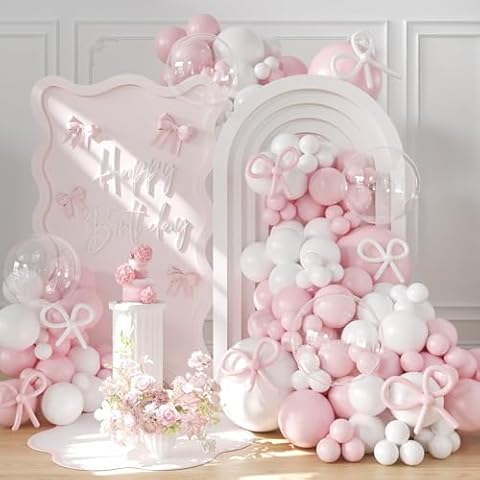 Pink Balloon Arch Kit, 145Pcs Coquette Birthday Decorations Bow Light Pink and White Balloons, Pink Bow Party Decorations for Birthday Wedding Baby Shower Engagement Bachelorette Cover