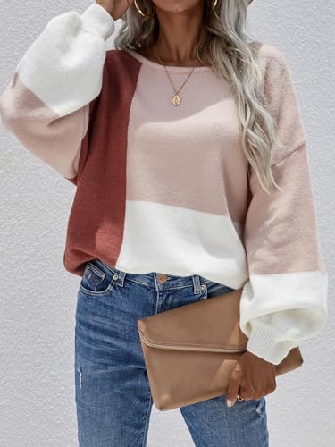 Image of ECOWISH Women Sweater Long Sleeve Color Block Knit Pullover Sweaters Crew Neck Patchwork Casual Loose Jumper Tops