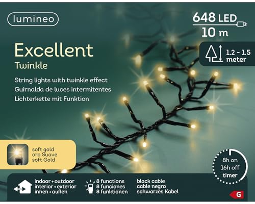 Lumineo EXCELLENT TWINKLE Lichterkette 648 LED 10 m Soft Gold – 8...
