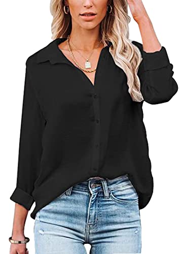 Baynetin Camicia Donna Manica Lunga/Corte Blusa con Scollo a V Bottoni Elegante Casual Curvy da Lavoro Facile Ferro Stiro Business Tops Shirt (Nero, XL)