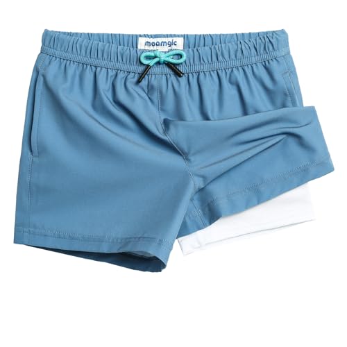 maamgic Boys Swim Trunks with Compression Liner 4-Way Stretch Quick Dry Swim Shorts Swimming Trunks Toddler Boy Haze Blue White 7 Years