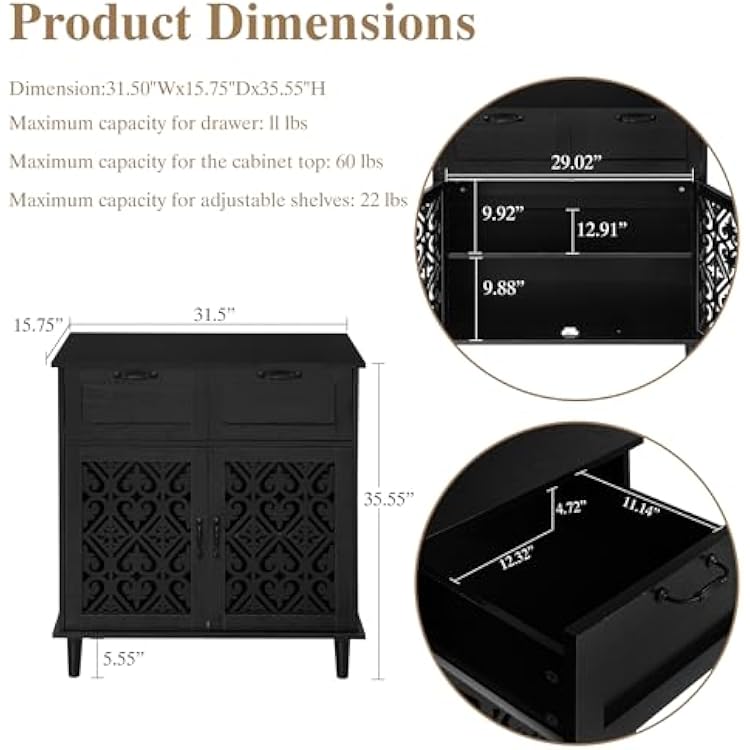 Hollow Carved Accent Cabinet with Two Doors,Buffet cabinets with Storage, Two Drawer Divider Solid Wood Sideboard,Boho Console Cabinets for Living Room, Entryway, Hallway, Kitchen (1 Black)