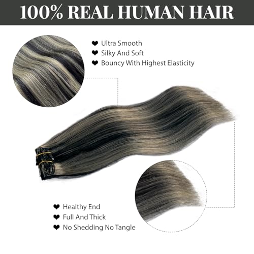 Image of Belaved Clip in Hair Extensions Full Head 14 Inch 70g Natural Black Mix Blonde Highlights Clip in Hair Extensions Real Human Hair for Women 7pcs Double Weft Straight