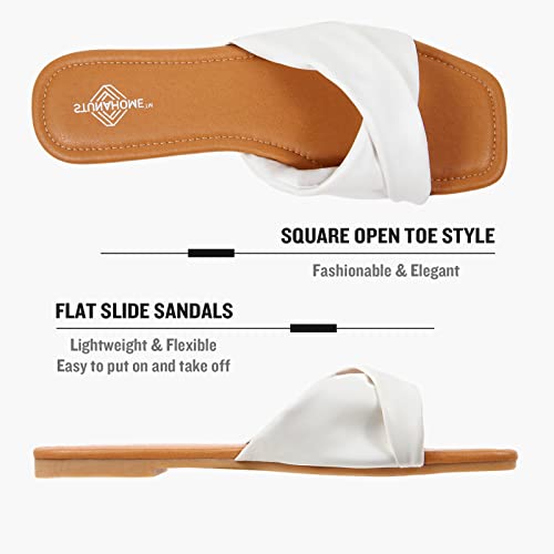 Stunahome Women's Flat Sandals Fashion Soft Leather Crossover Square Open Toe Slip On Slides Casual Beach Sandals Slippers For Summer,White #TOP4