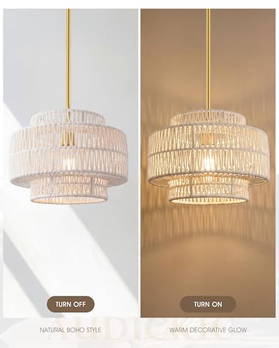 Image of 12.5 inch Boho Rattan Chandelier, Gold Finish, AD-25050-1P-WH | 1-Light 3-Tier Hand Woven Pendant Light Fixture, White Hanging Light for Entryway Bedroom Hallway, Adjustable Height