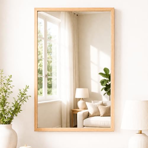Image of Rousrie Premium Framed Glass Wall Mount Mirror, Decorative, for Bathroom, Bedroom, Living Room and Entryway, Wash Basin (14 by 20 Inch) (Light Brown)