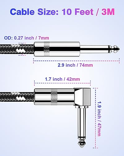 Image of New Bee Guitar Cable 10ft Electric Instrument Bass AMP Cord for Electric Mandolin, Pro Audio (Right Angle to Straight, Black White)
