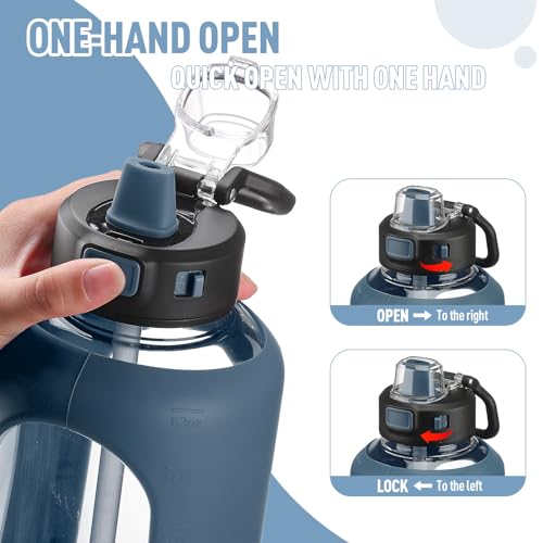 64 oz Glass Water Bottle with Straw and Handle, Leak-Proof Lid, Time Marker - Navy Blue