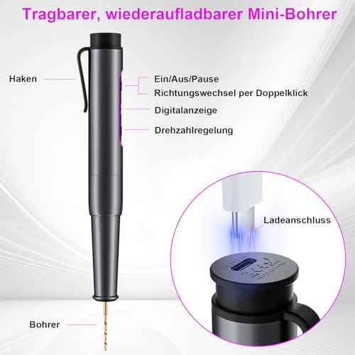 Handbohrer Elektrisch, GuKKK 5-Gang Bohrer Wiederaufladbare Bohrmaschine, Wiederaufladbare DIY Handbohrer Elektrisch, Mini Bohrmaschine mit 10 Bohrer, für Harz Schmuckherstellung Kunststoff Holz Leder