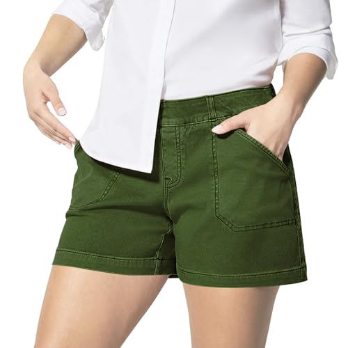 Feelorna - Feelorna Short d'été pour femme, taille haute, en jean, élastique, style vintage, décontracté, avec poches, Vert militaire., L