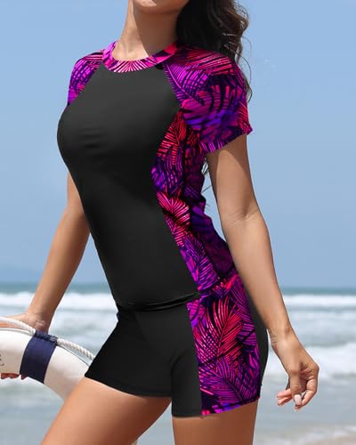 Image of Daci Short Sleeve Rash Guard 2 Piece Swimsuits with Bord Shorts | Sun Protection,Two Pockets,Clolor Block,High Waisted Short,High Neck,Quick Dry