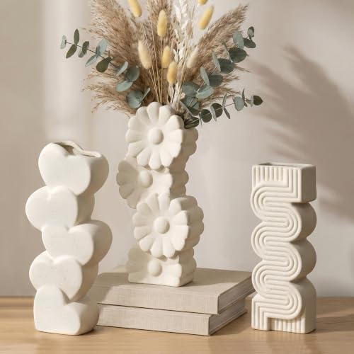 White Ceramic Flower Vases Table Decor Heart Shaped Vase Set of 3...