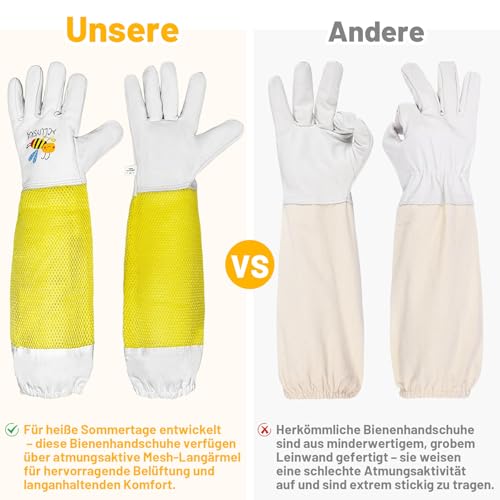 ACLUYSKA Imkerhandschuhe aus Ziegenleder | Atmungsaktive Mesh-Armhülsen | Elastischer Bund | Unisex für Männer und Frauen dornenfeste handschuhe | Imkerbedarf (M)