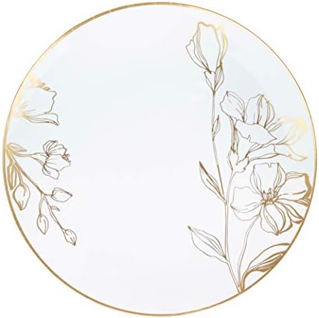 [10'' Plates 10 Count] White Plastic Floral Design Party Dinner Plates With Gold Rim Premium heavyweight Elegant Disposable Tableware Dishes