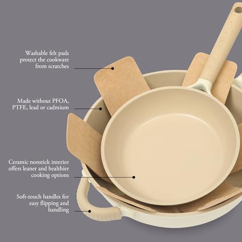 Gibson Elite Folkstone 13 Piece Pots and Pans Durable Cast Aluminum PFA Free Non stick Ceramic Coating Cookware Set W/Kitchen Tools and Protective Felts - Induction Safe - Linen White W/Wood Handle by Gibson Elite - Image 4