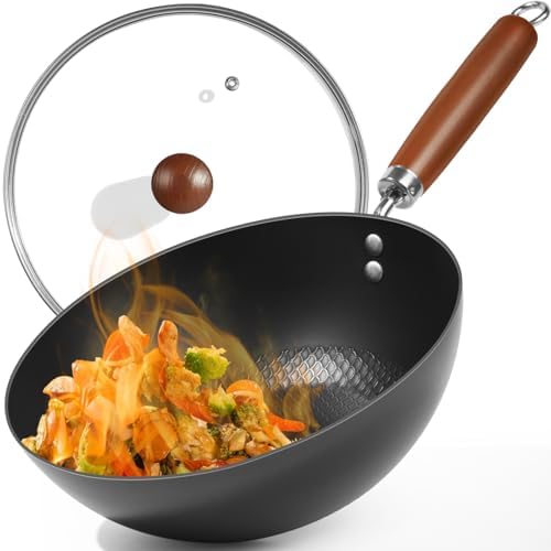 Carbon Steel Pan, 10.5-Inch Stir-Fry Woks & Pans Set with Glass L...