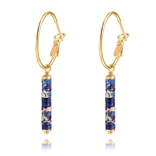 Image of Aobei Pearl Gold Huggie Hoop Drop Dangle Earrings Lapis Lazuli Beads Gemstone Earrings Boho Handmade Lightweight Jewelry for Women