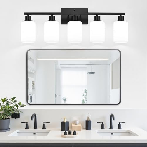 Image of Indoi 5-Light Bathroom Light Fixtures, Matte Black Modern Vanity Lights with Milky White Shades, Bathroom Wall Lamp for Mirror Living Room Cabinet Bedroom Porch