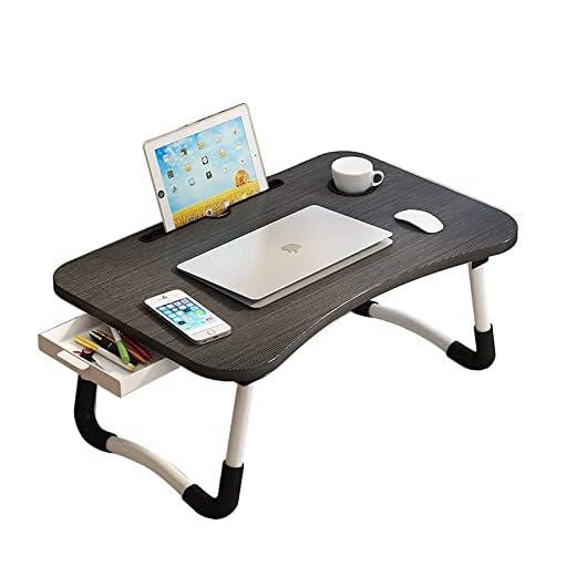 Lap Desk with Storage Drawer, Phone and Cup Holder, Laptop Bed Tray Table, 23.6" Foldable Laptop Desk, Laptop Stand for Working, Writing, Gaming and Drawing, Black Top White Legs