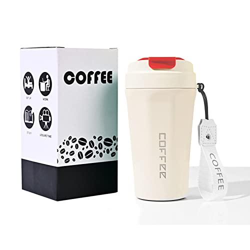 Mosdos Insulated Travel Coffee Mug, Spill Proof 14Oz Stainless Steel Coffee Cup With Lid,Vacuum-Sealed Portable Thermos Cup For On-The-Go,Reusable Coffee Tumbler,Gift For Men And Women-White #TOP5