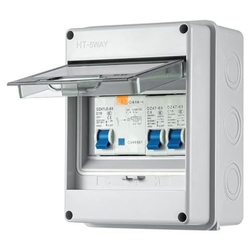 2 Way Consumer Unit IP65 Circuit Breaker Panel Garage Consumer Unit C16 30mA RCD MCB Plastic Unit Fuse Board for Garage Workshop Caravan Outbuilding