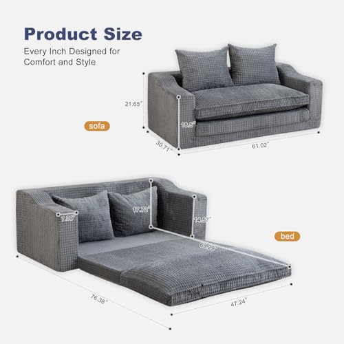 61" Boneless Loveseat Sleeper, Folding Sofa Bed with Corduroy Cover, D-Grey by Snug Sofee - Used condition - Image 2