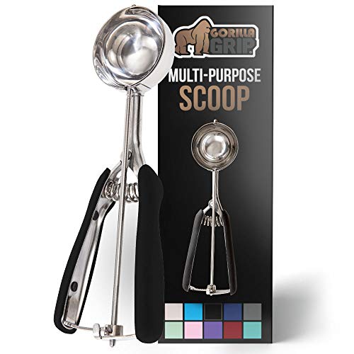 Gorilla Grip Premium Stainless Steel, Spring-Loaded Scoop For Fruit, Cookie And Ice Cream, Easy Squeeze And Clean Release, Comfortable Handle, Medium, 3 Tbsp Scooper Size 24, Uniform Portions, Black #TOP2