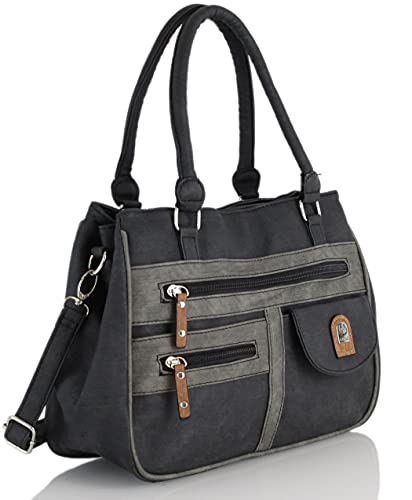 irisaa Handtasche Damen Umhängetasche Medium Schultertasche praktische Henkeltasche mit vielen Fächern Hobo Taschen Vintage Look mit Reißverschluss, Damen Tasche:Schwarz Dunkelgrau