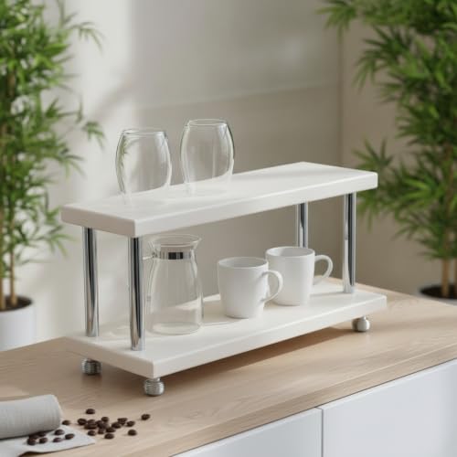 RMWHGDUL Small Shelf Two Tier Tabletop Storage Shelf Countertop Organizer Solid Wood Panels Iron Frame Leveling Feet Stable Structure Suitable for Dorm Desk Study Rental Home, Black, Small - Image 7
