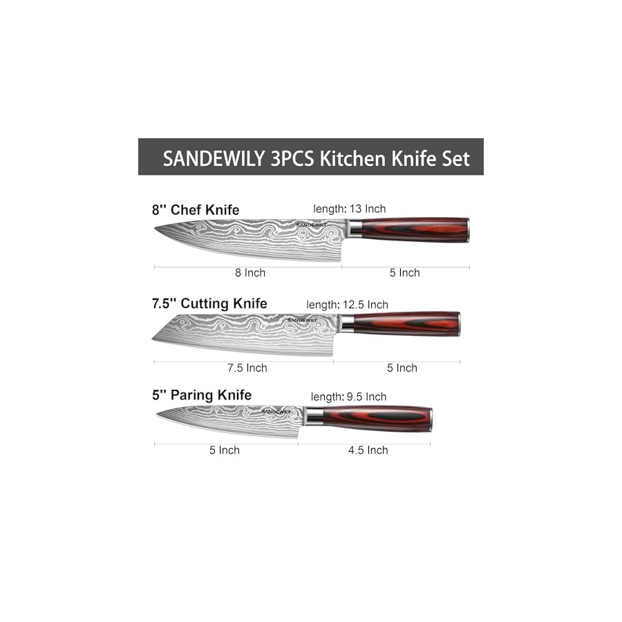 3-Piece Kitchen Knife Set, High Carbon Stainless Steel Sharp Knives with Sheaths - 8" Chef, 7.5" Santoku, 5" Utility Knives for Home Cooks, Cooking, Meat & Vegetables