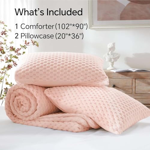 Image of BEDELITE Fluffy King Size Comforter Set - Pink Fleece Soft Comforter for King Size Bed, Luxury Warm Bedding Set for Winter, Fuzzy Bed Set 3 Pieces (1 Comforter, 2 Pillowcases)