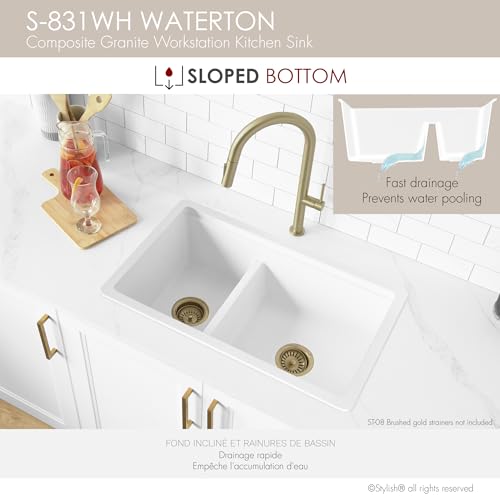 Stylish 30 x 18 Inch Composite Granite Workstation Kitchen Sink, 60/40 Double Bowl Under Mount & Drop in, 9.5 in Deep, Reversible, with Cutting Board, Colander, Colander & Strainer, White, S-831WH by STYLISH - Image 7