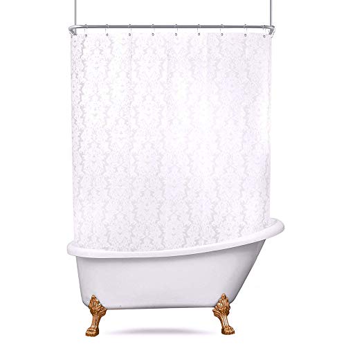 Riyidecor Clawfoot Tub Damask Shower Curtain Liner 180 x 70 Inch All Around Bathtub Wrap Around Round Freestanding Surround Oval Fancy Vintage Floral Extra Wide Heavy Duty PEVA 32 Pack Shower Hooks
