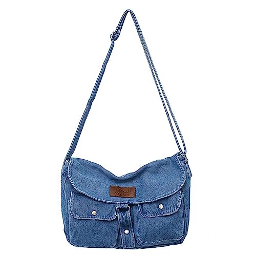 Fashion denim handbag shoulder bag large capacity retro Messenger bag bag for men and women (Denim Light Blue)