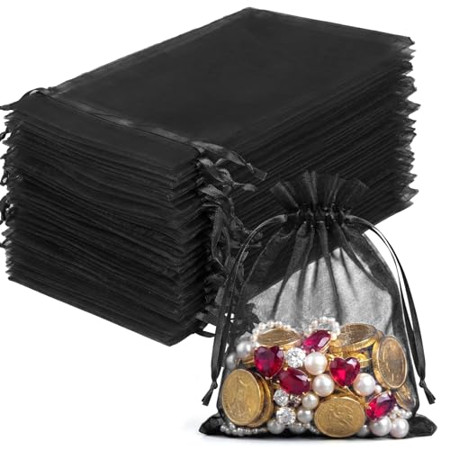 Image of FUNFERY 100 Pcs Black Organza Bags 3x4 in, Small Mesh Drawstring Gift Bags for Sachet, Jewelry, Candy, Wedding Favor, Easter Day