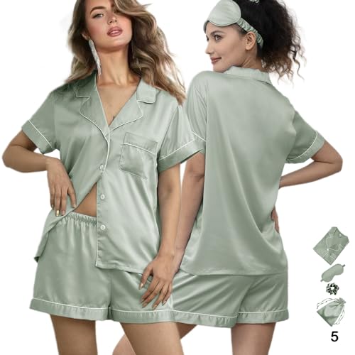 5Pcs Womens Soft Satin Pajama Set XS-4XL Button-Down Silk Pajamas Floral Sleepwear Bridal Pjs Lounge Pj Sets