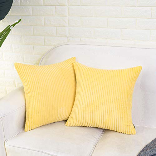 Hwy 50 Pale Yellow Decorative Throw Pillow Covers Set 18X18 Inch For Couch Living Room Bed Sofa, Corduroy Soft Cozy Solid Throw Pillows Case Cushions Cover Pack Of 2 Striped #TOP1